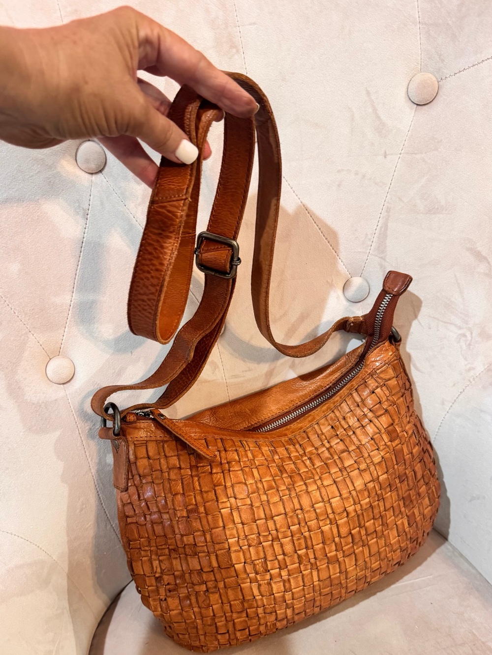 Vilenca Holland Woven Leather Crossbody Bag Cognac Tan Genuine Leather